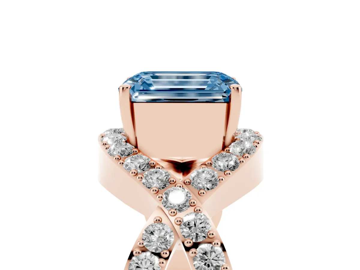Fancy Blue Emerald Cut Solitaire Twist Band Pavé Diamond Engagement Ring Rose gold