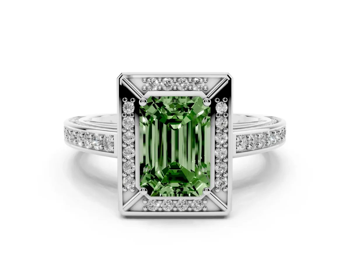 Fancy Green Emerald Cut Cut Halo Pave Split Shank Prong Setting Ring Silver