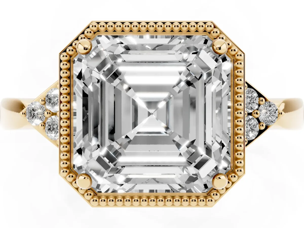Hexagonal Halo Asscher Cut Diamond Solitaire with Pavé Band and Four-Prong Setting Yellow gold