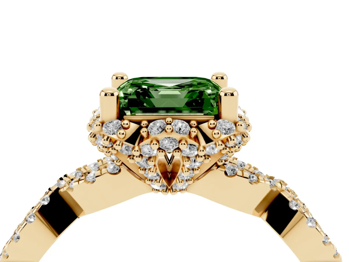 Fancy Green Asscher Cut Halo Twist Band Solitaire Ring with Six-Prong Setting Yellow gold