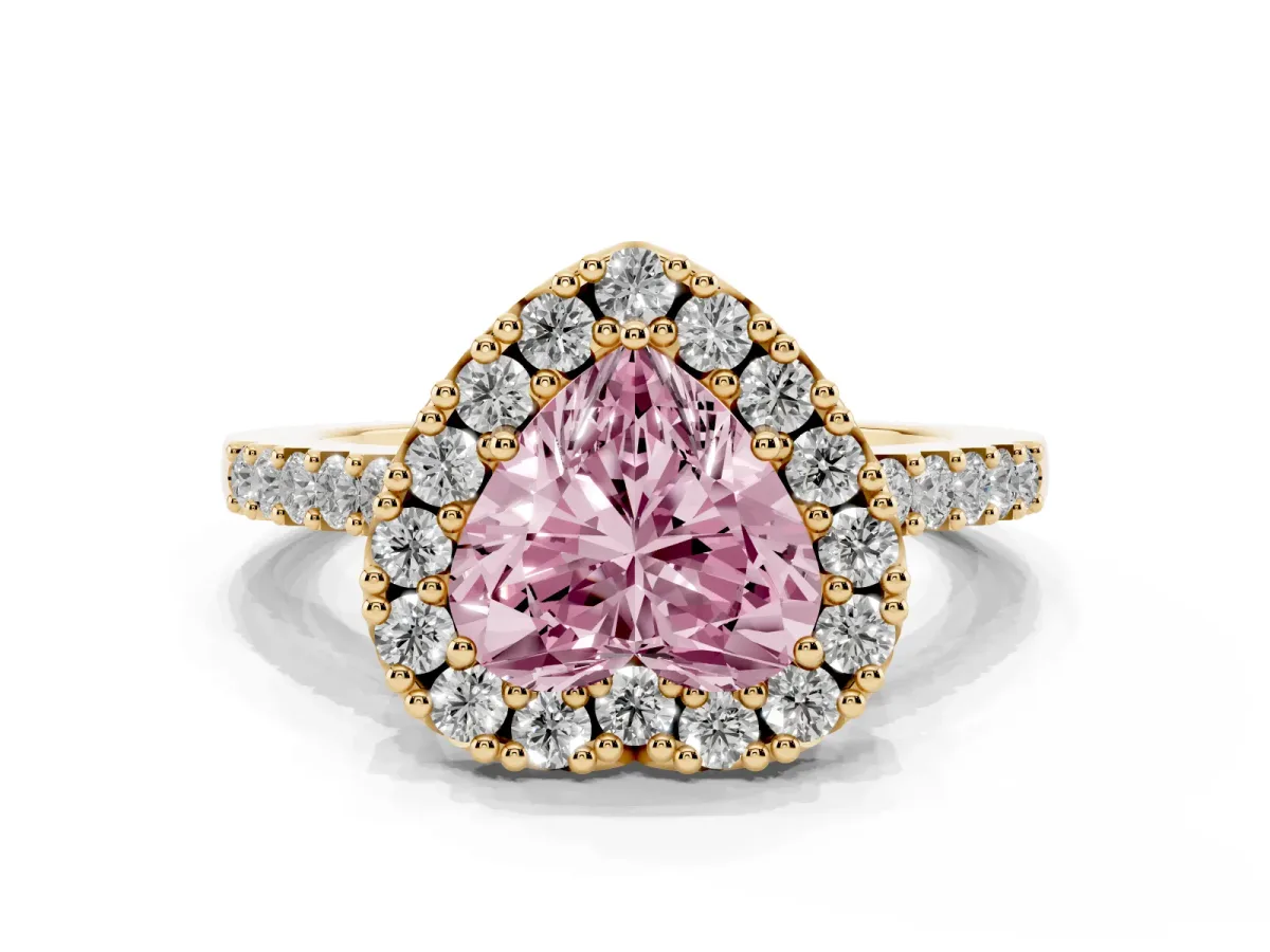 Fancy Pink Heart Cut Halo Diamond Pavé Solitaire Ring Yellow gold