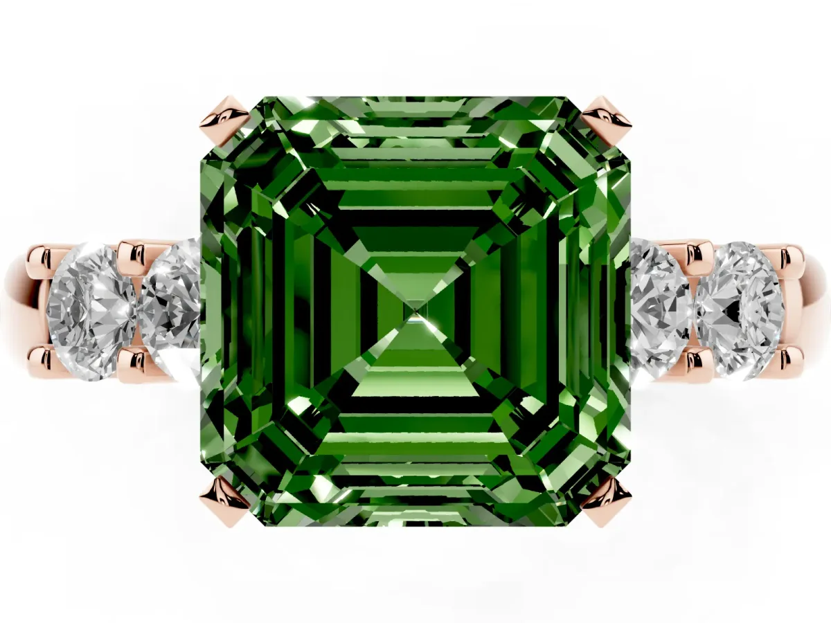 Fancy Green Asscher Cut Brilliant Cut Diamond Five-Stone Prong Set Engagement Ring with Channel Band Rose gold
