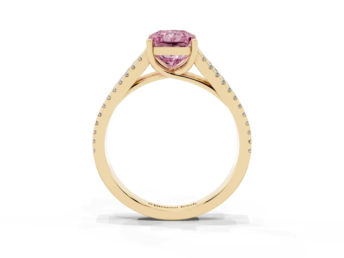 Fancy Pink Radiant Cut Diamond Solitaire Engagement Ring with Split Shank Pavé Band Yellow gold