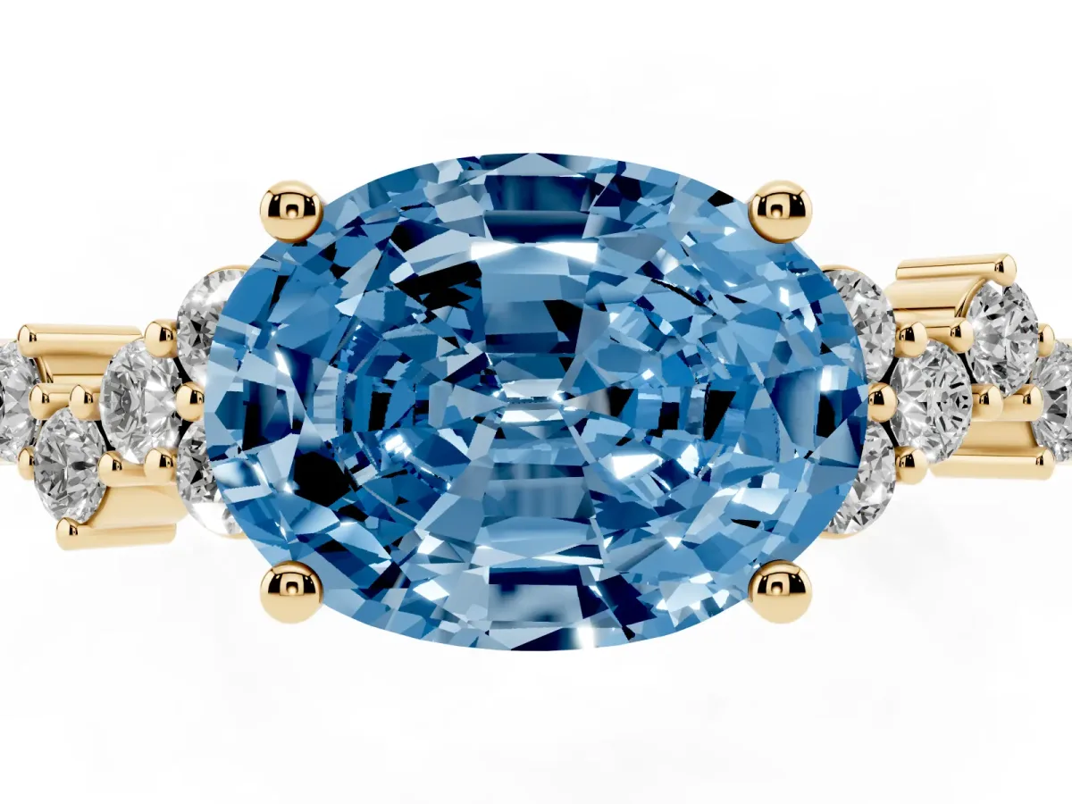 Fancy Blue Oval Cut Diamond Scattered Round Accent Ring with Prong Setting Yellow gold