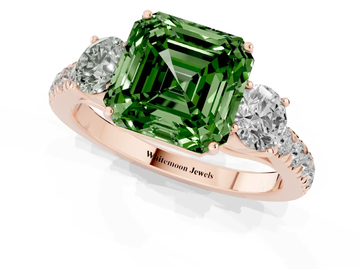 Fancy Green Asscher Cut Cut Diamond Three-Stone Ring with Round Side Stones and Pavé Band Rose gold