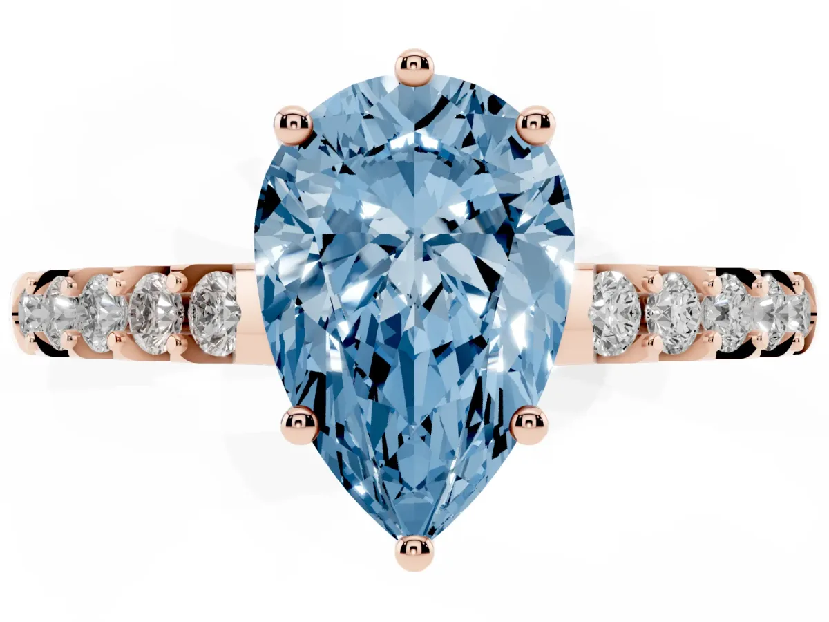 Fancy Blue Pear Cut Solitaire Diamond Engagement Ring with Pavé Band and Six-Prong Setting Rose gold