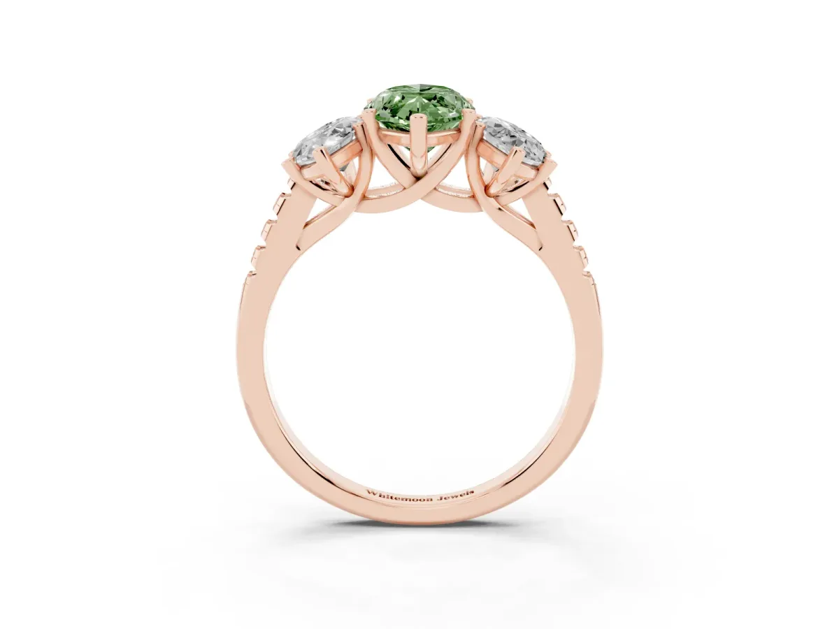 Fancy Green Three-Stone Marquise Cut Diamond Ring with Round Pavé Band and Prong Setting Rose gold