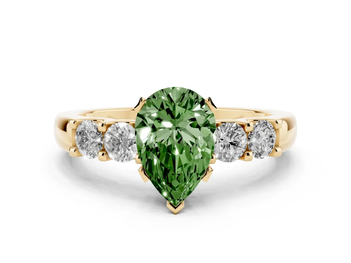 Fancy Green Pear Cut Brilliant Cut Diamond Five-Stone Prong Set Engagement Ring with Channel Band Yellow gold