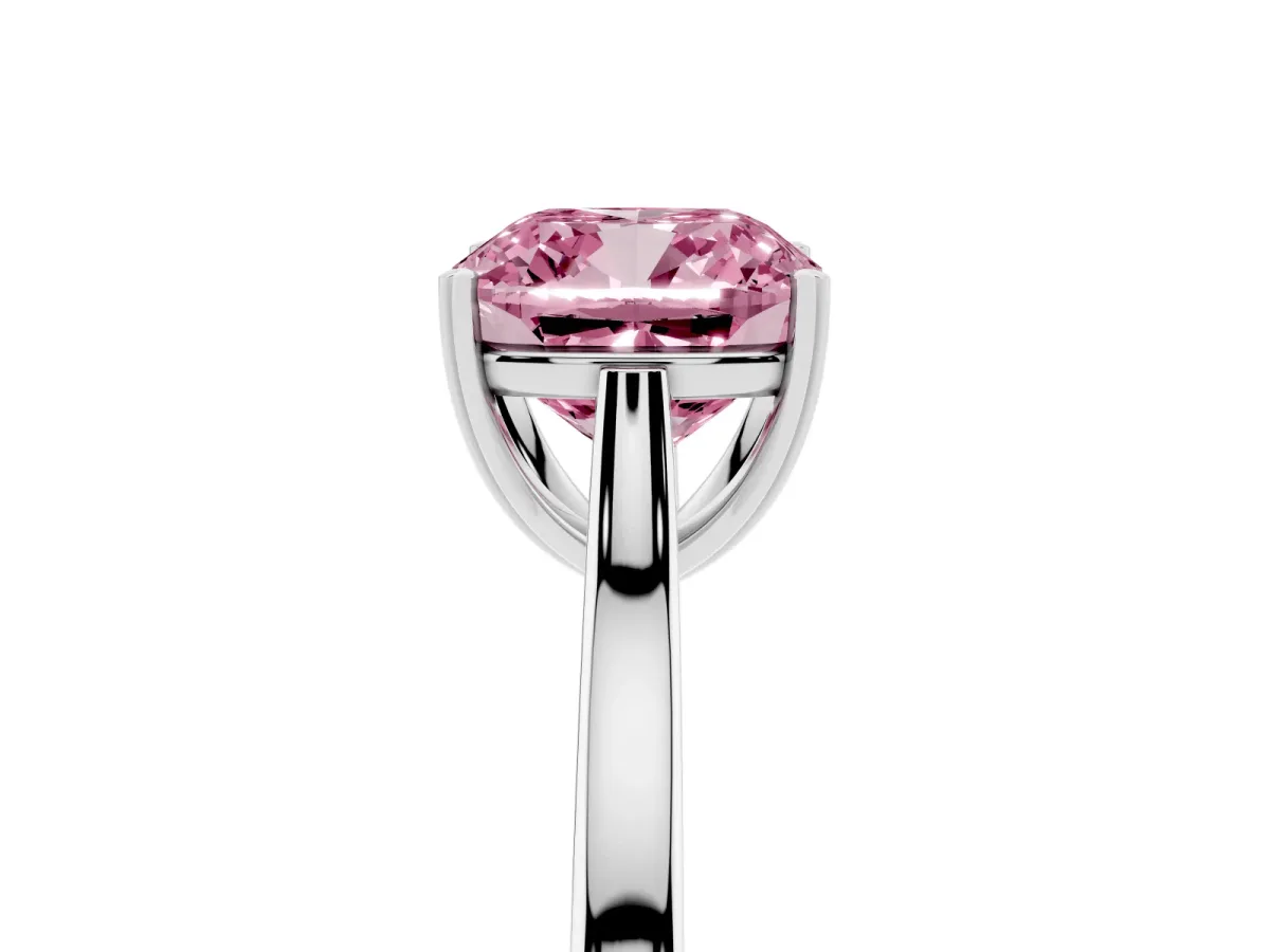 Fancy Pink Cushion Cut Solitaire Heart Prong Engagement Ring with Tapered Band Platinum