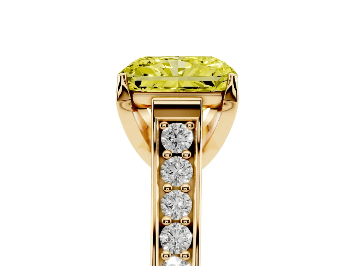 Fancy Yellow Radiant Cut Brilliant Cut Diamond Engagement Ring with Pavé Band and Four-Prong Setting Yellow gold