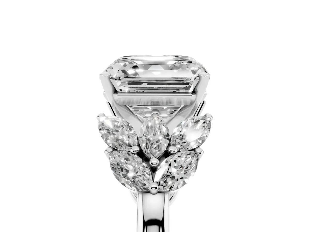 Asscher Cut Diamond Cluster Leaf Design Ring with Prong Setting White gold