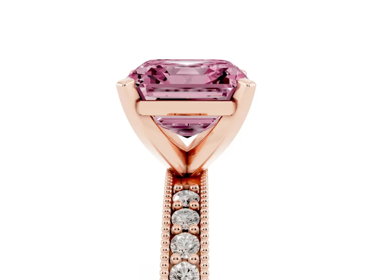 Fancy Pink Asscher Cut Diamond Milgrain Pavé Engagement Ring with Four-Prong Setting Rose gold