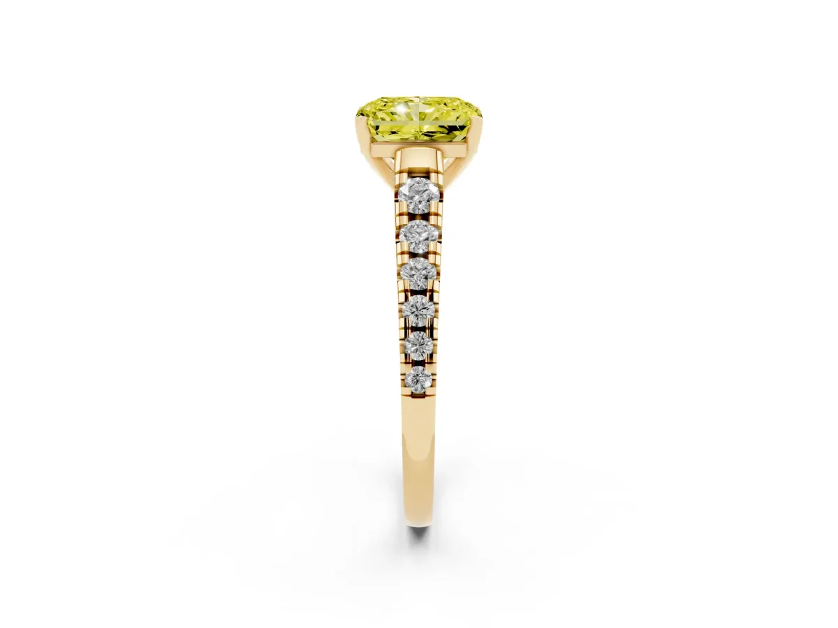Fancy Yellow Radiant Cut Diamond Cathedral Solitaire Ring with Round Pavé Band Yellow gold