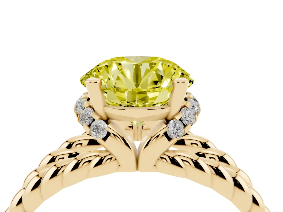 Fancy Yellow Round Cut Halo Twisted Band Four-Prong Ring Yellow gold