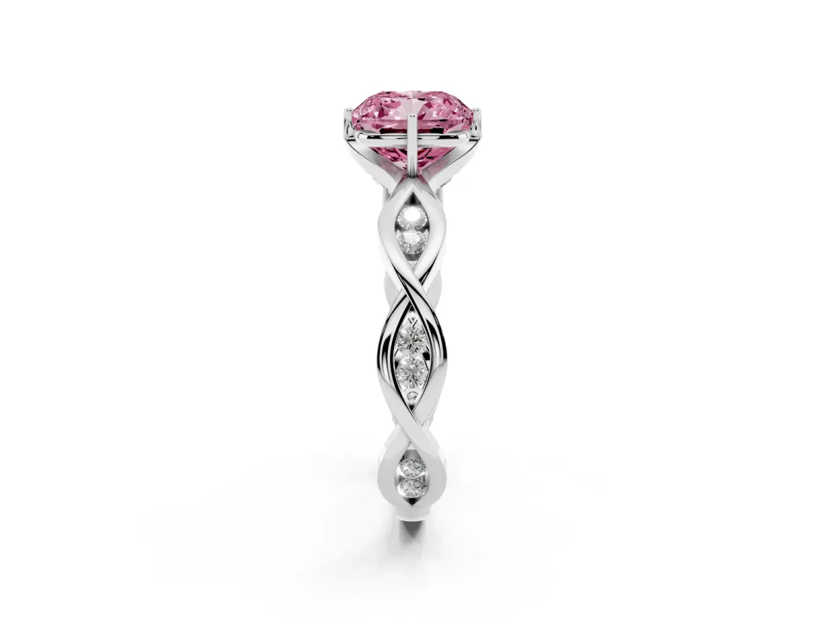 Fancy Pink Cushion Cut Solitaire Twist Band with Leaf Prong Setting Platinum