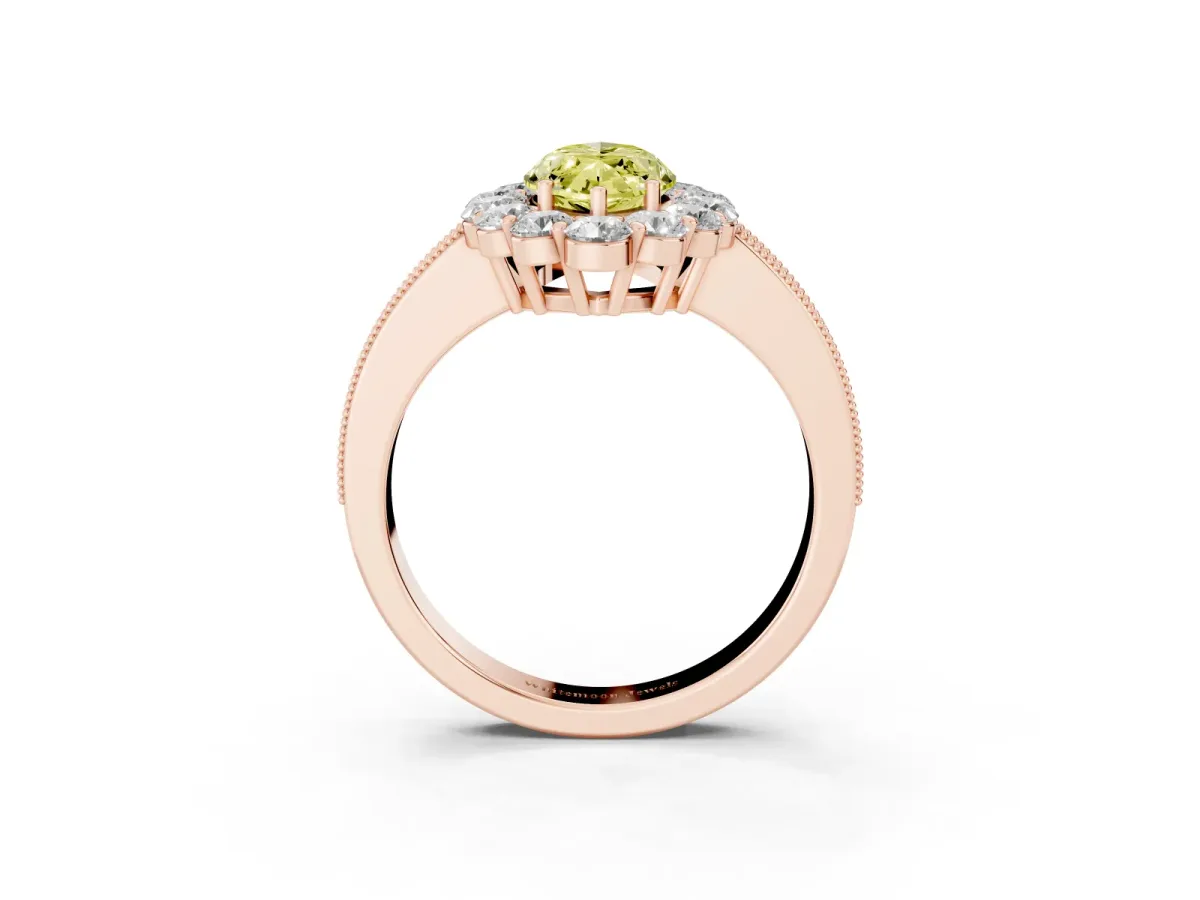 Fancy Yellow Marquise Cut Cut Halo Diamond Pavé Engagement Ring with Milgrain Detailing Rose gold