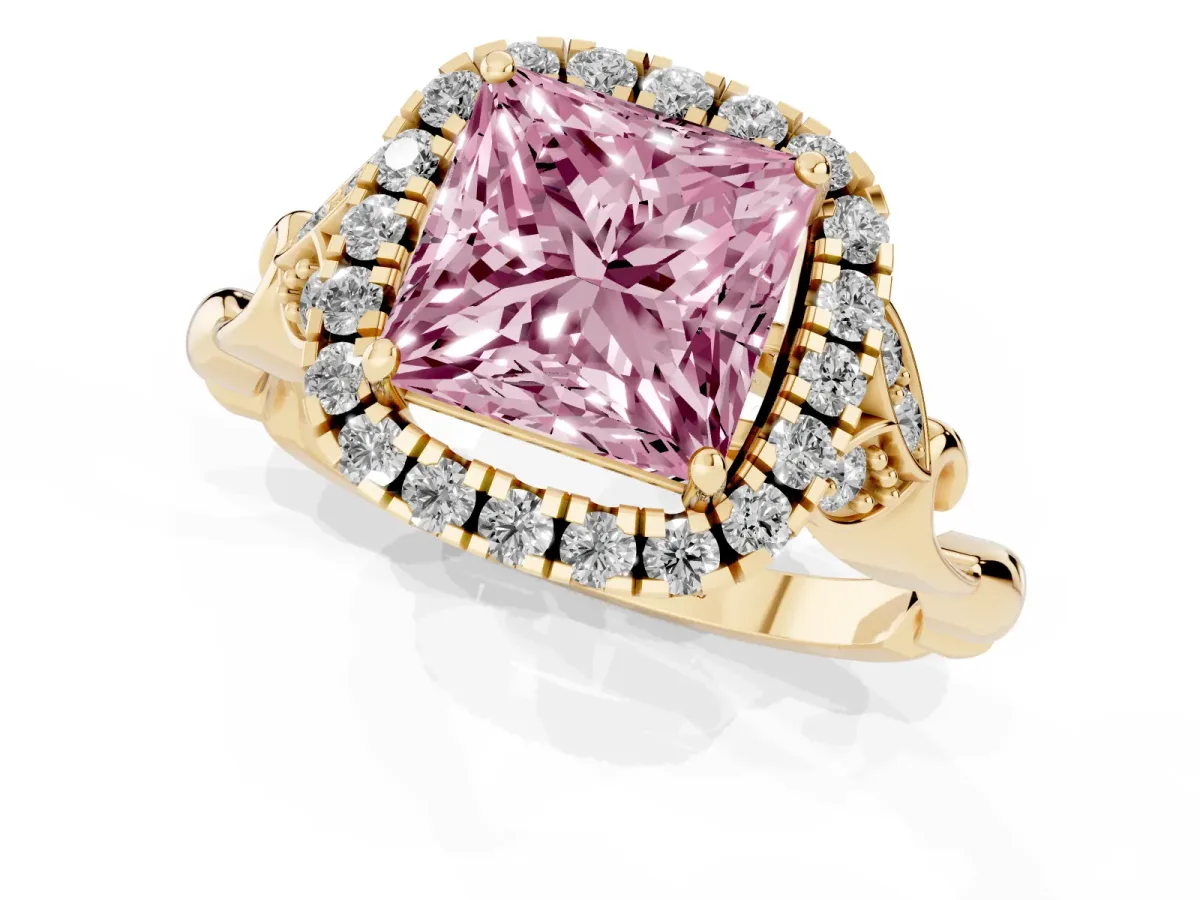 Fancy Pink Princess Cut Halo Diamond Engagement Ring with Vintage-Inspired Band and Four-Prong Setting Yellow gold