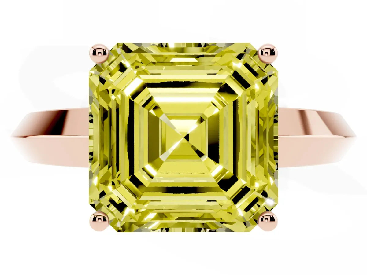 Fancy Yellow Asscher Cut Cut Solitaire Engagement Ring with Flat Band and Four-Prong Setting Rose gold