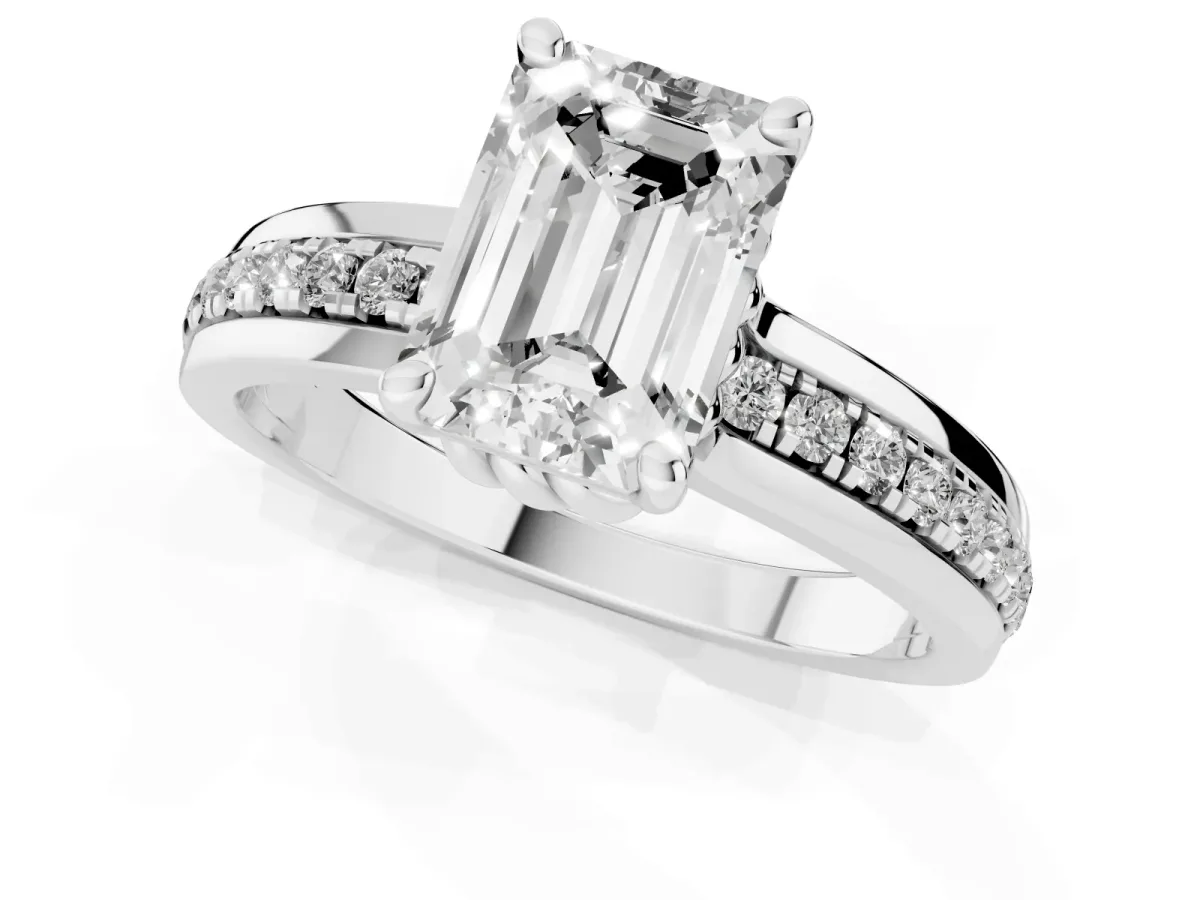 Emerald Cut Solitaire Diamond Ring with Channel Set Band and Six-Prong Setting Silver