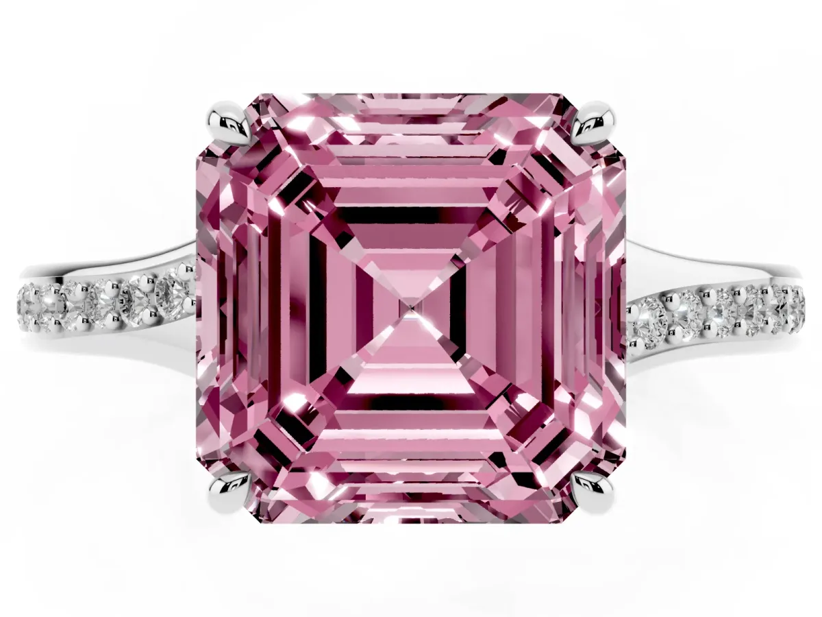 Fancy Pink Asscher Cut Diamond Solitaire Ring with Pavé Band and Prong Setting Silver