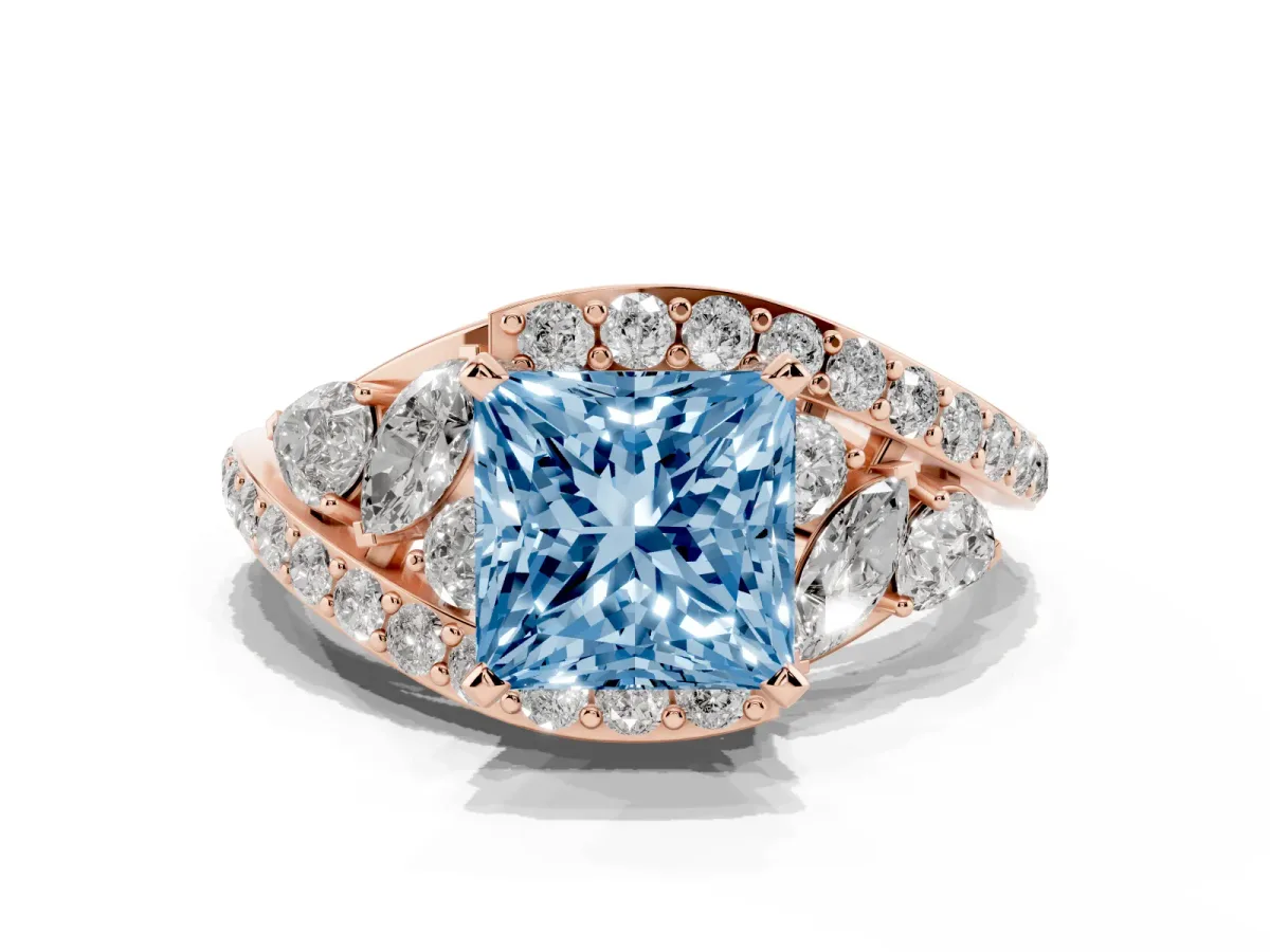 Fancy Blue Princess Cut Diamond Halo Ring with Marquise and Pavé Band in Prong Setting Rose gold