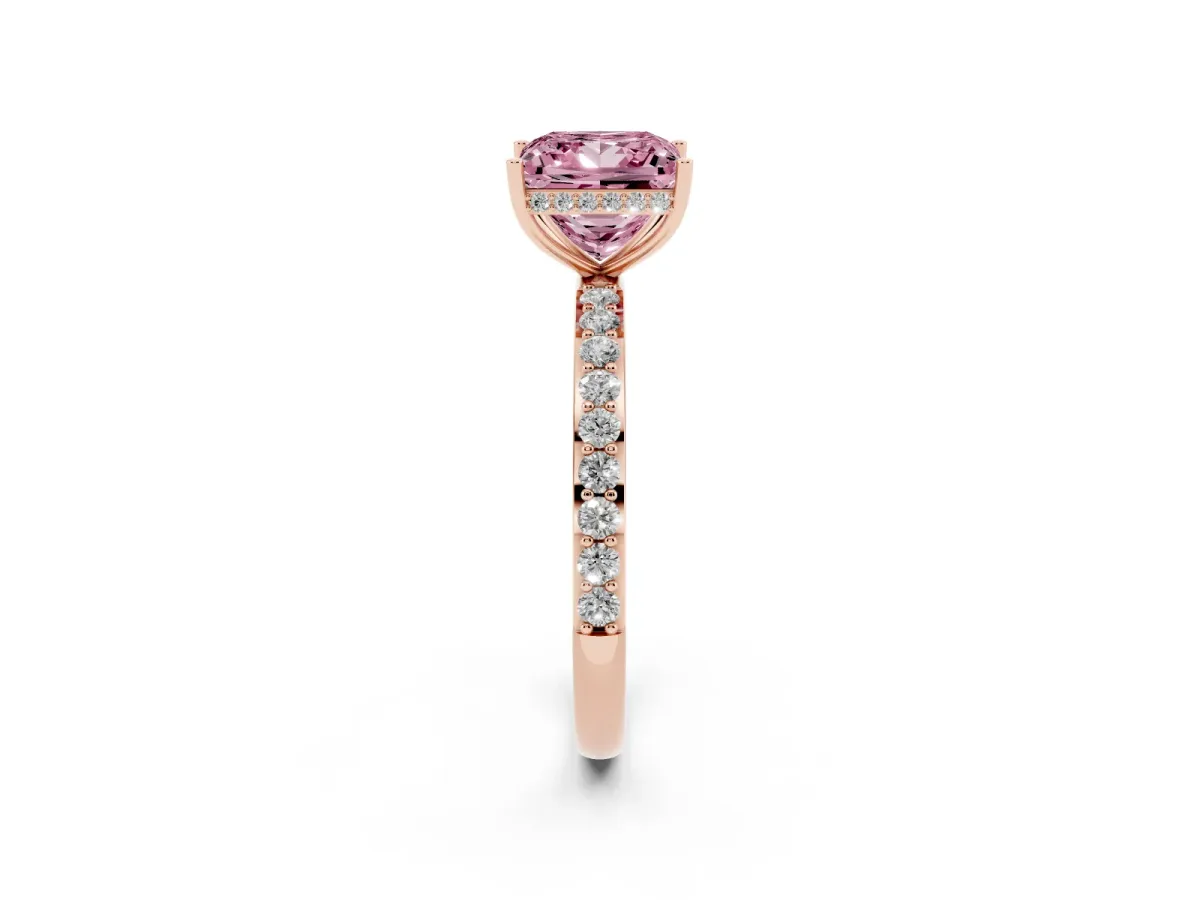 Fancy Pink Princess Cut Diamond Solitaire Ring with Pavé Band and Hidden Halo Rose gold
