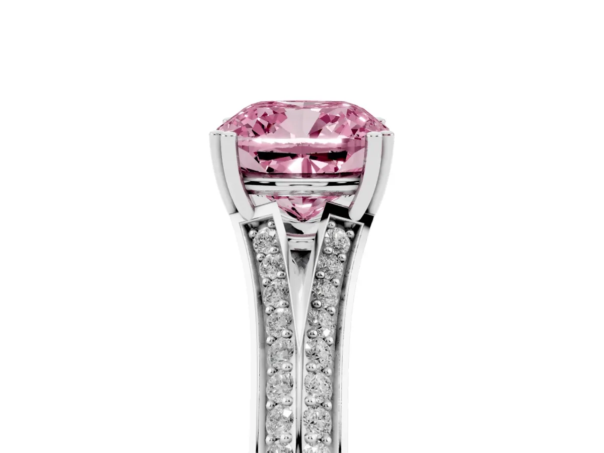 Fancy Pink Cushion Cut Diamond Split Shank Engagement Ring with Pavé Band Silver