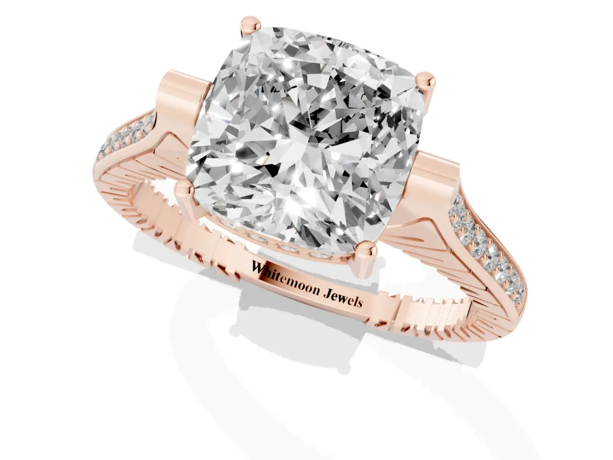 Cushion Cut Solitaire Diamond Ring with Channel Set Band and Bezel Prong Setting Rose gold
