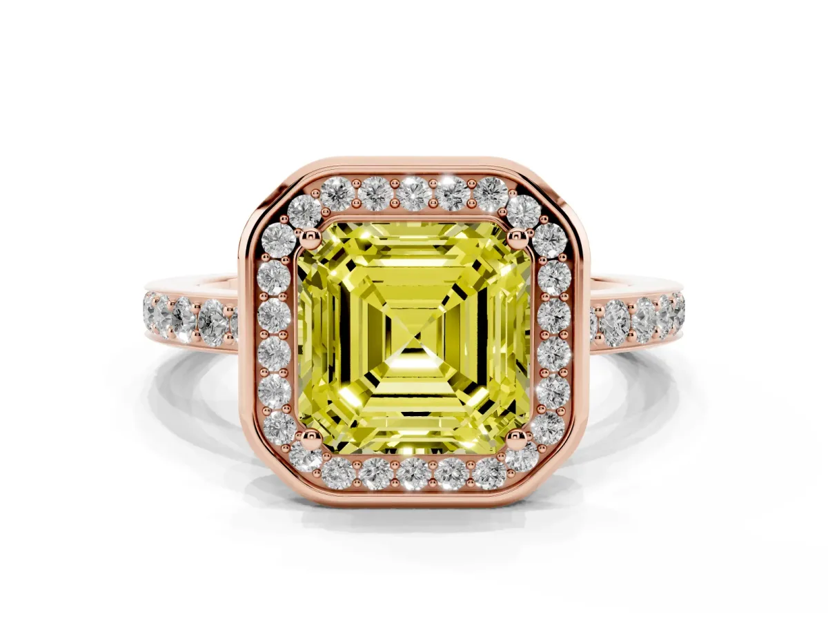 Fancy Yellow Asscher Cut Diamond Halo Ring with Bezel Frame and Pavé Band Rose gold