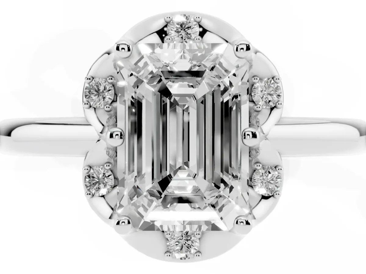 Emerald Cut Halo Diamond Ring with Round Cluster Setting, Solitaire Band, and Four-Prong Setting Silver