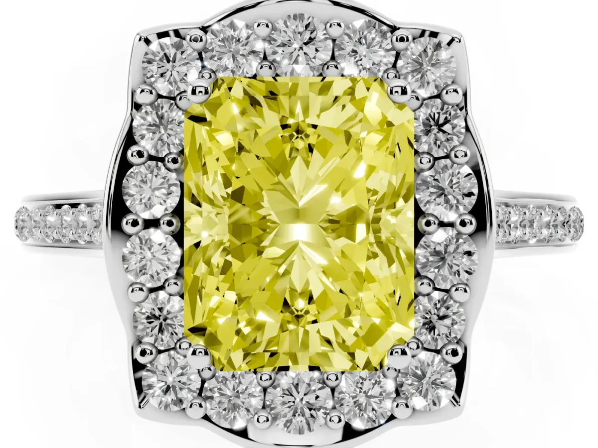 Fancy Yellow Radiant Cut Halo Round Diamond Pave Band with Four-Prong Setting Platinum