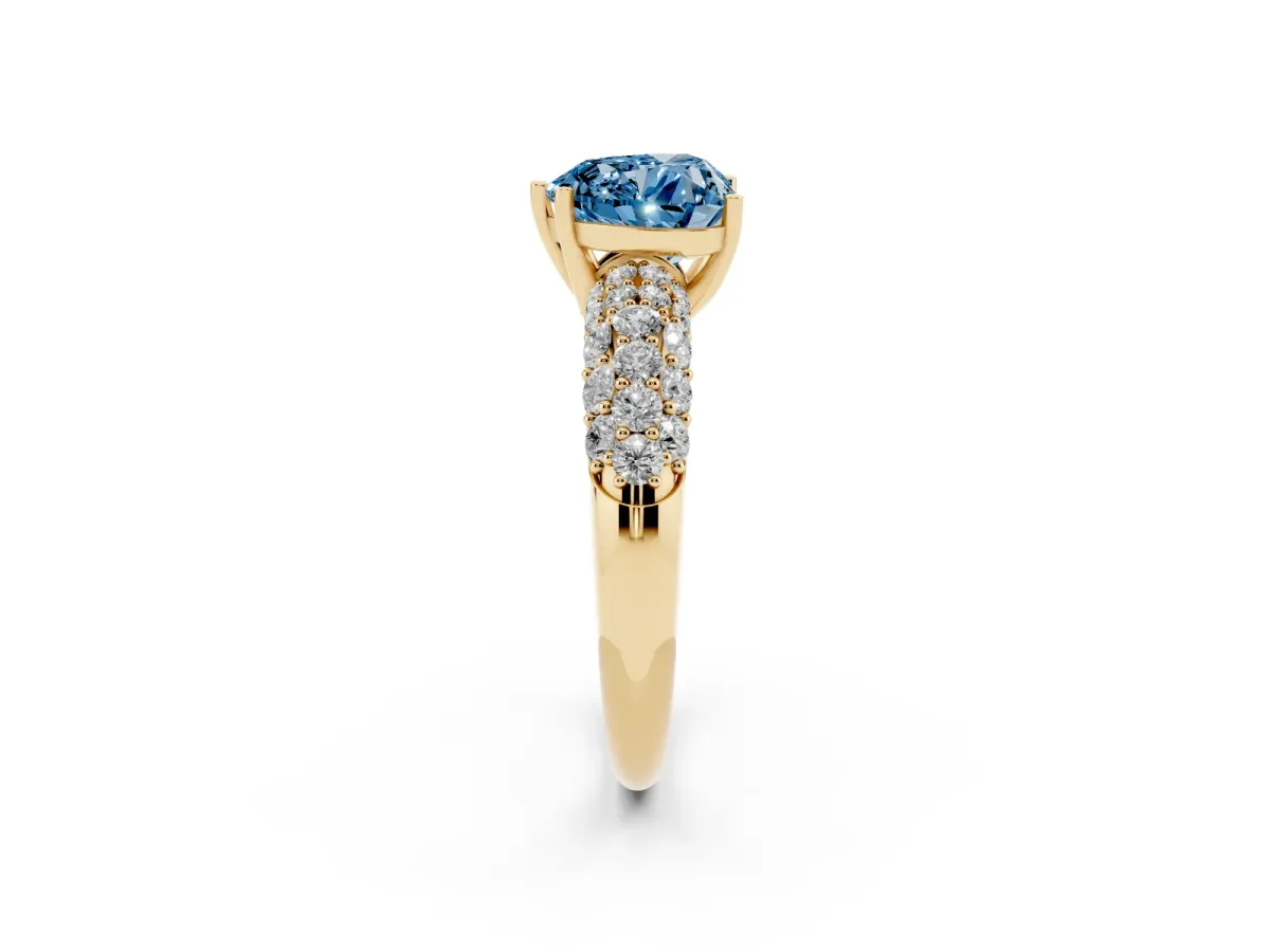 Fancy Blue Heart Cut Diamond Pavé Band Solitaire Ring with Four-Prong Setting Yellow gold