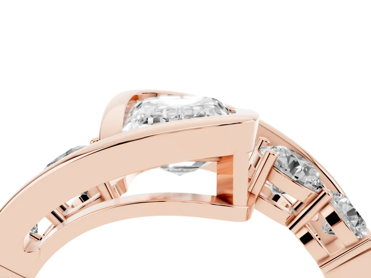 Bezel Set Emerald Cut Diamond Bypass Ring with Round Accents Rose gold
