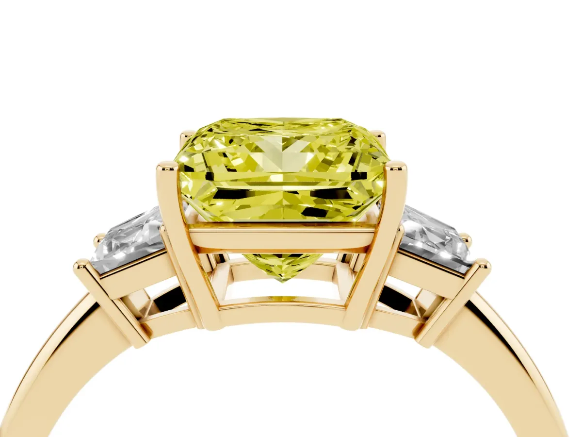 Fancy Yellow Princess Cut Diamond Three-Stone Ring with Trapezoid Side Stones and Prong Setting Yellow gold