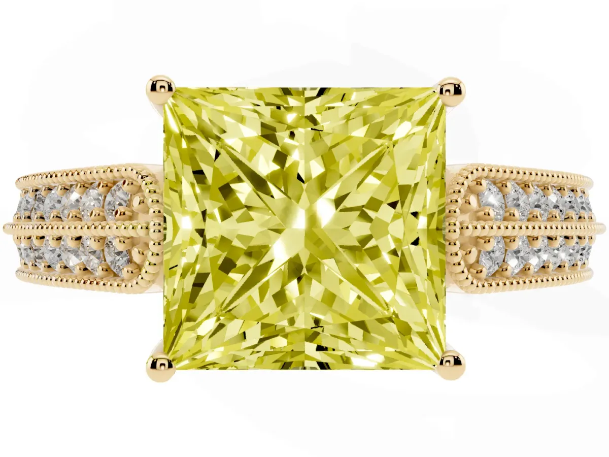 Fancy Yellow Princess Cut Cut Pave Split Shank Engagement Ring with Four-Prong Setting Yellow gold