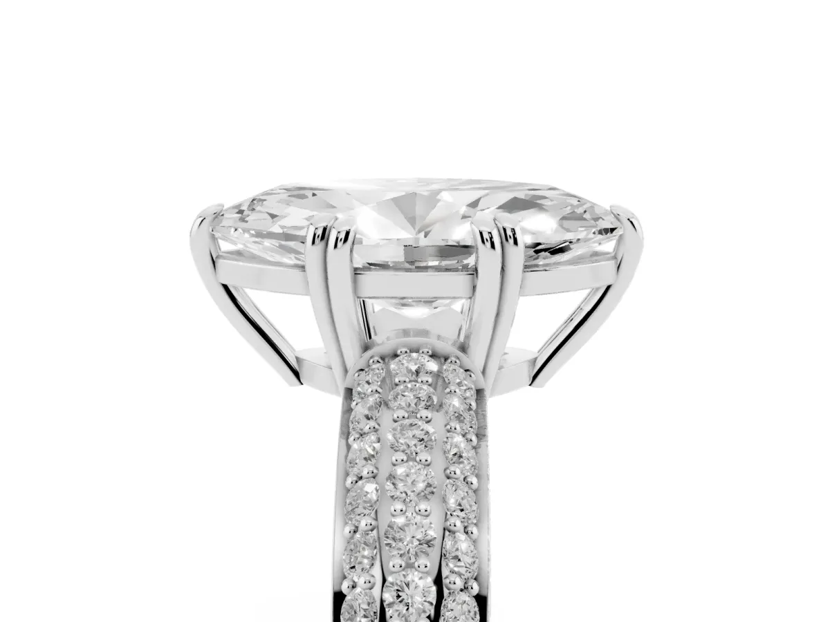 Marquise Cut Diamond Solitaire Ring with Multi-Row Round Pavé Band and Prong Setting Silver