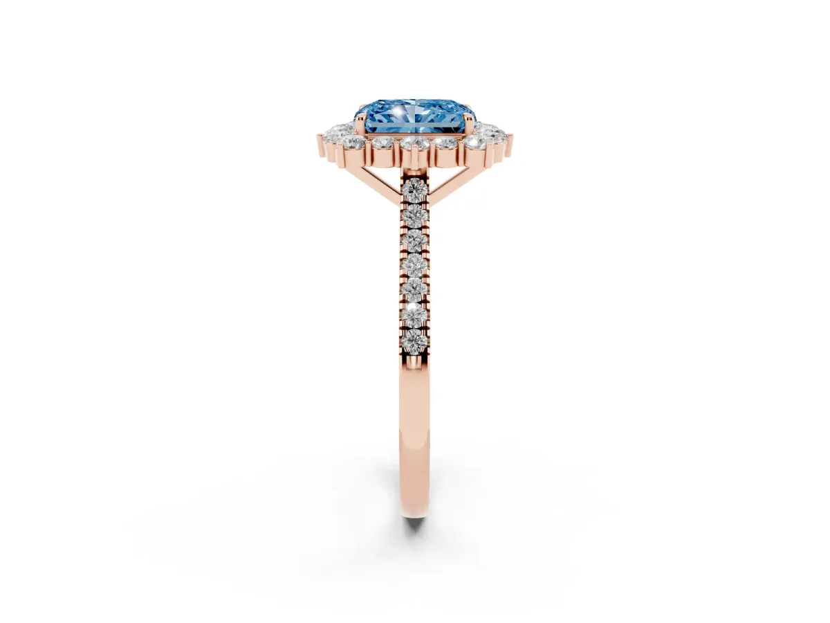 Fancy Blue Radiant Cut Halo Diamond Ring with Pavé Band and Prong Setting Rose gold
