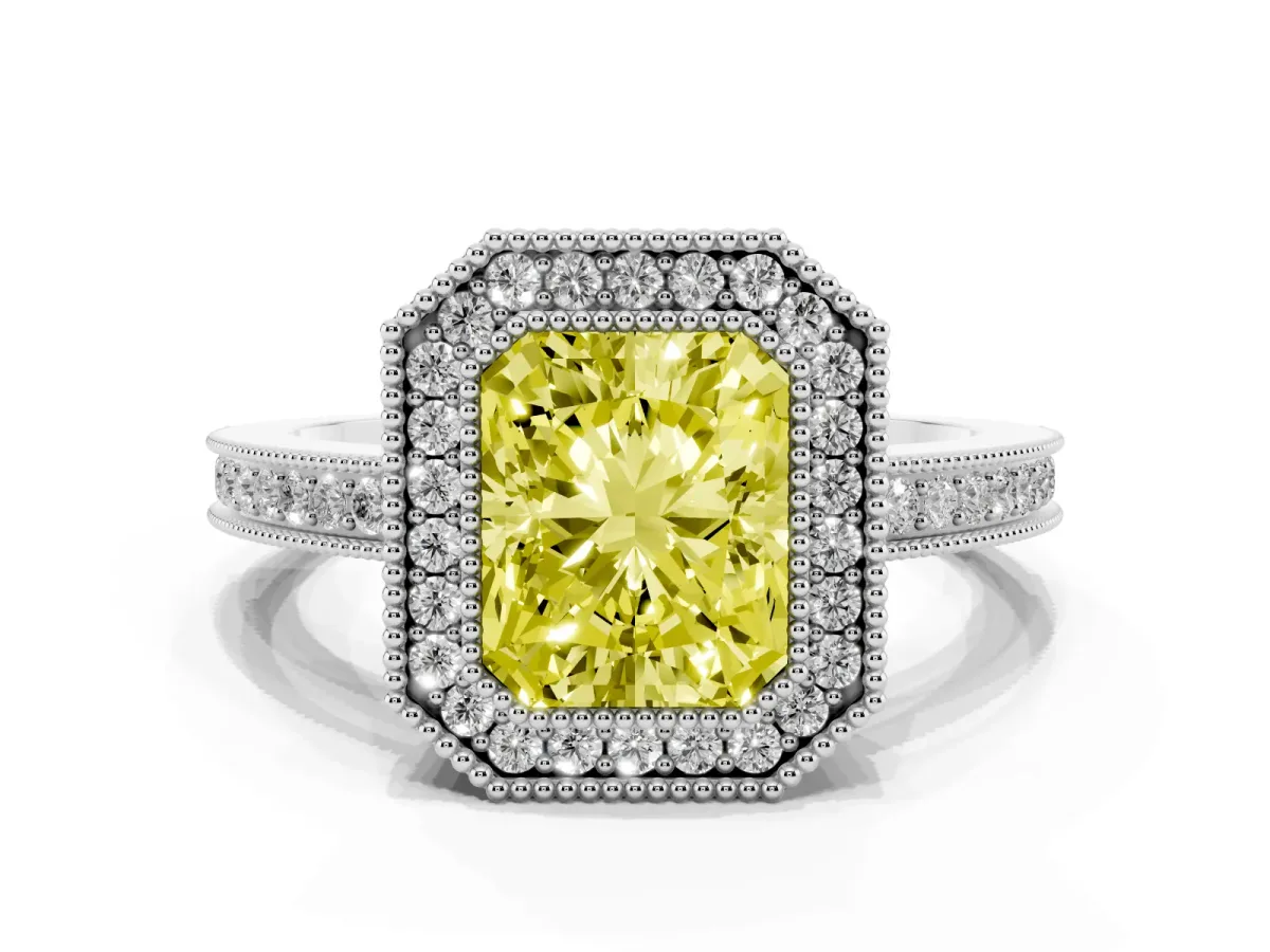 Fancy Yellow Radiant Cut Cut Halo Diamond Ring with Pavé Band and Milgrain Prong Setting Platinum