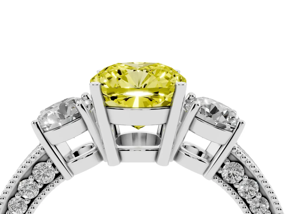 Fancy Yellow Cushion Cut Three-Stone Diamond Ring with Pavé Band and Four-Prong Setting Silver