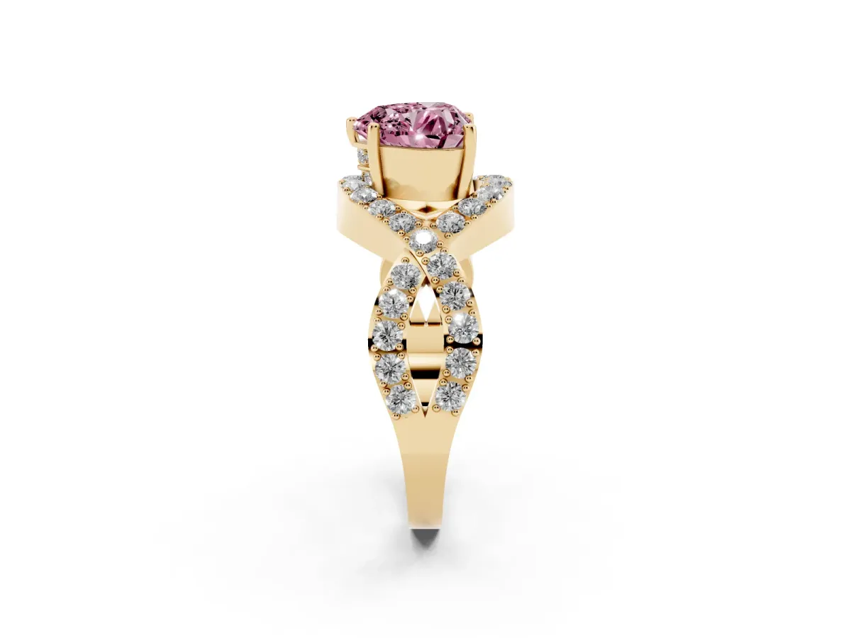 Fancy Pink Heart Cut Solitaire Twist Band Pavé Diamond Engagement Ring Yellow gold