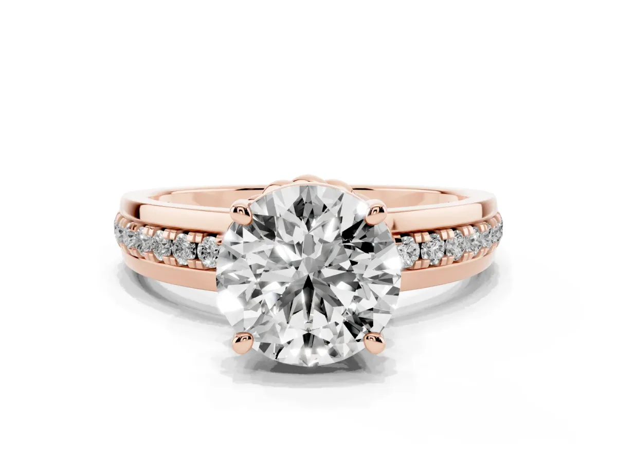 Round Cut Solitaire Diamond Ring with Channel Set Band and Six-Prong Setting Rose gold