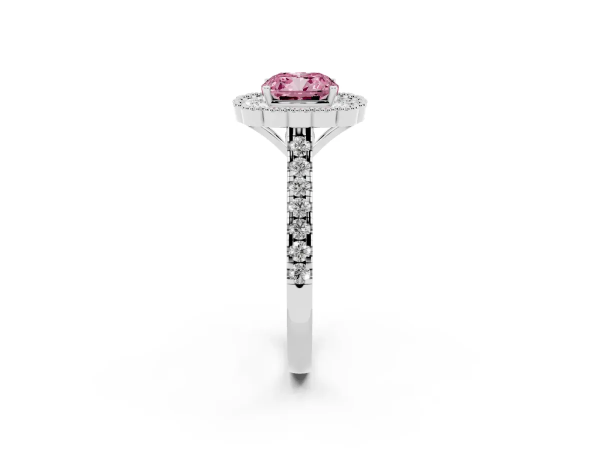 Fancy Pink Cushion Cut Cut Diamond Milgrain Floral Halo Engagement Ring with Pavé Band White gold