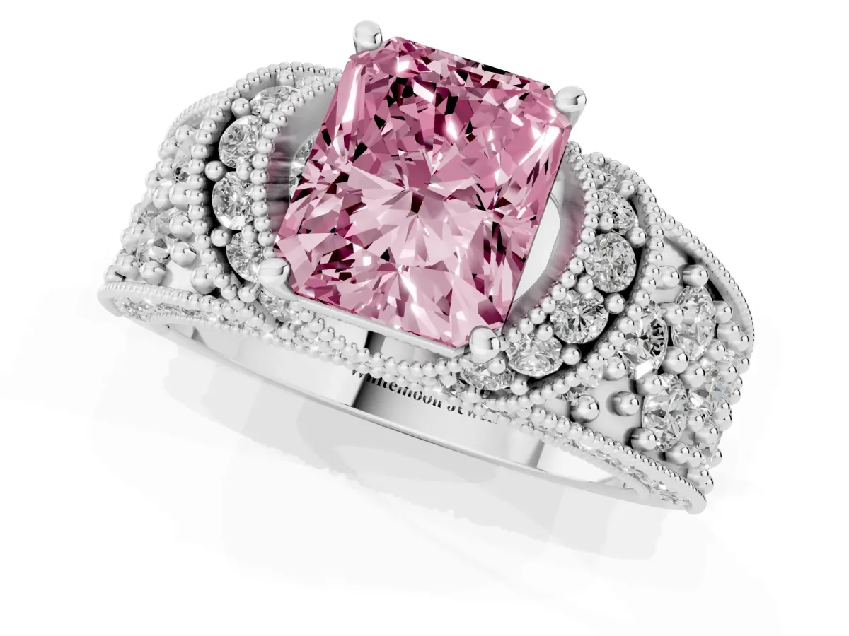 Fancy Pink Radiant Cut Halo Pave Diamond Engagement Ring with Milgrain Detailing White gold