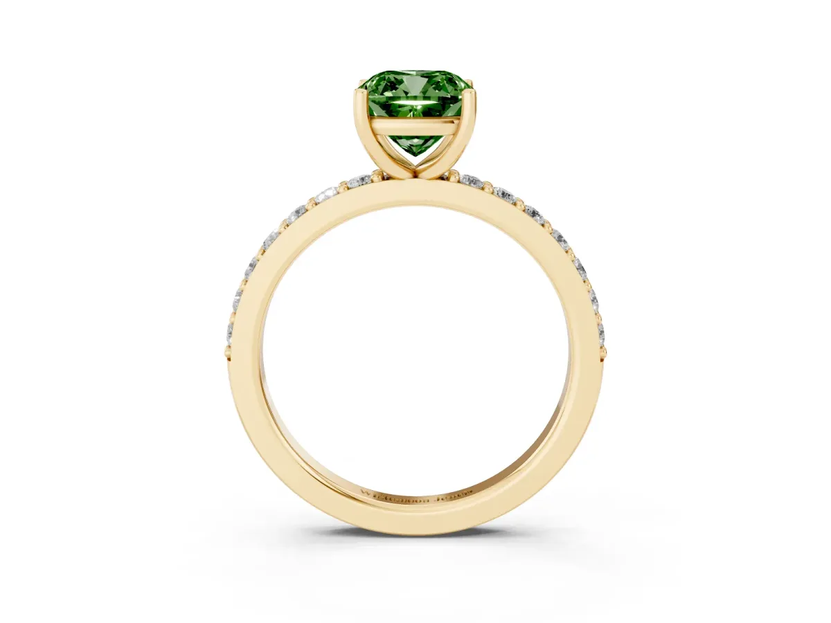 Fancy Green Cushion Cut Cut Diamond Solitaire with Pave Band and Four-Prong Setting Yellow gold