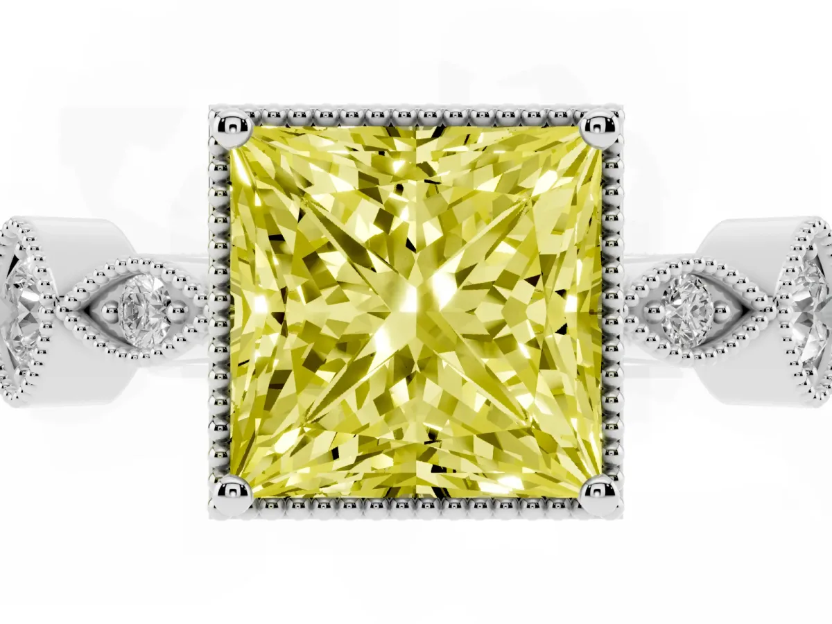 Fancy Yellow Princess Cut Diamond Vintage Milgrain Ring with Round Stations Silver