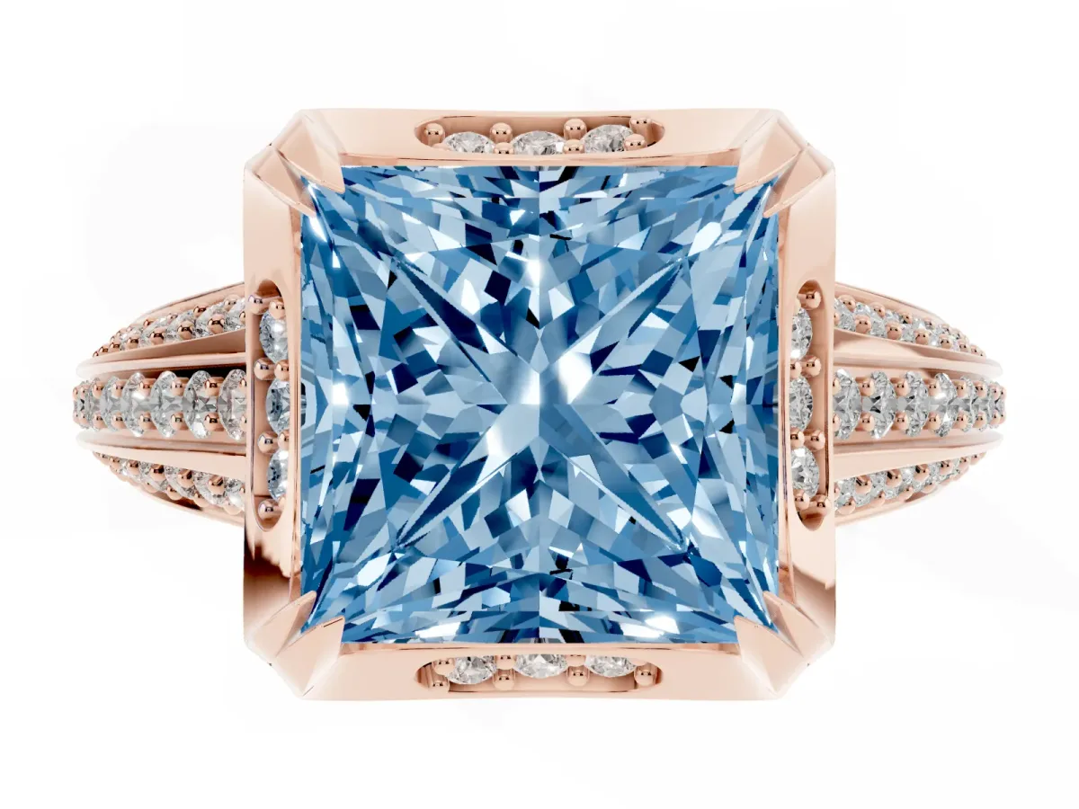 Fancy Blue Princess Cut Solitaire Pave Split Shank Ring with Four-Prong Setting Rose gold