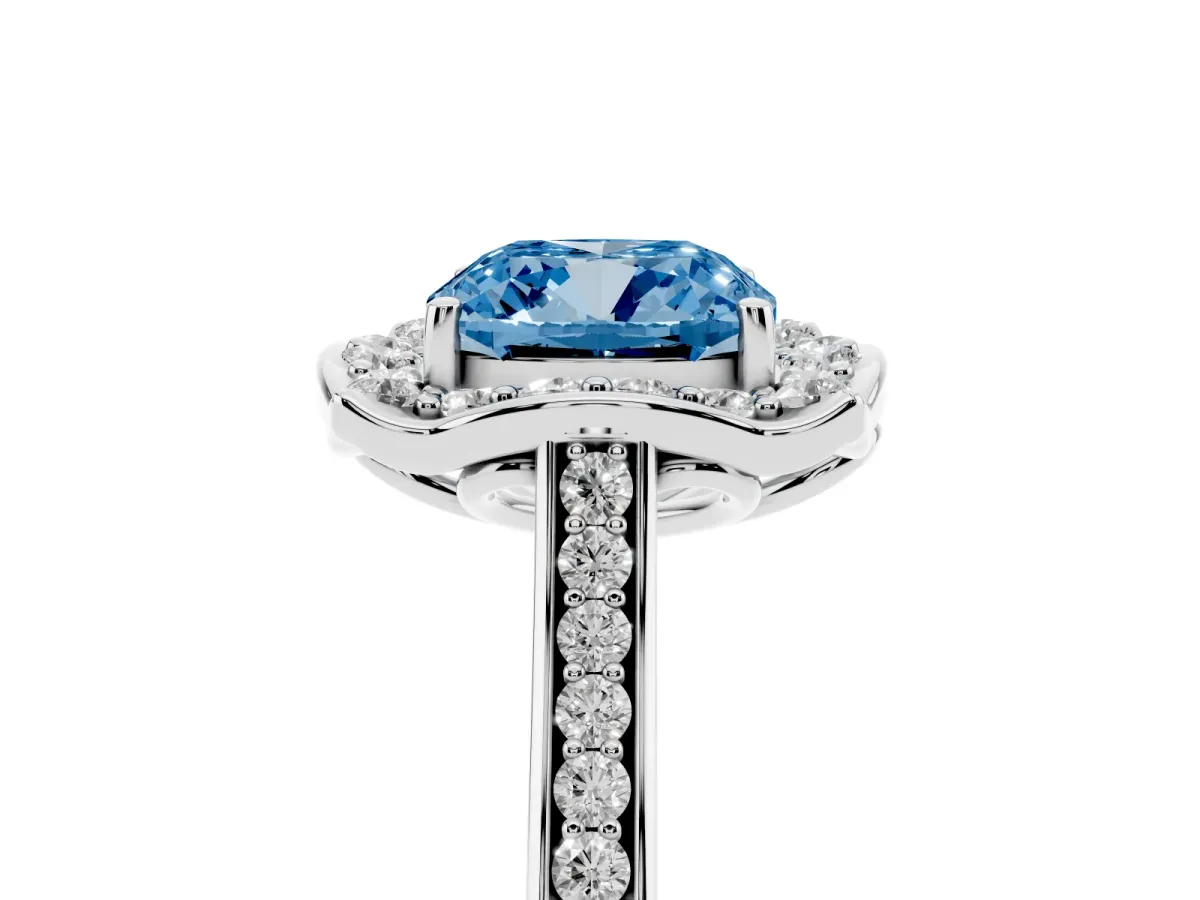 Fancy Blue Cushion Cut Halo Round Diamond Pave Band with Four-Prong Setting Platinum