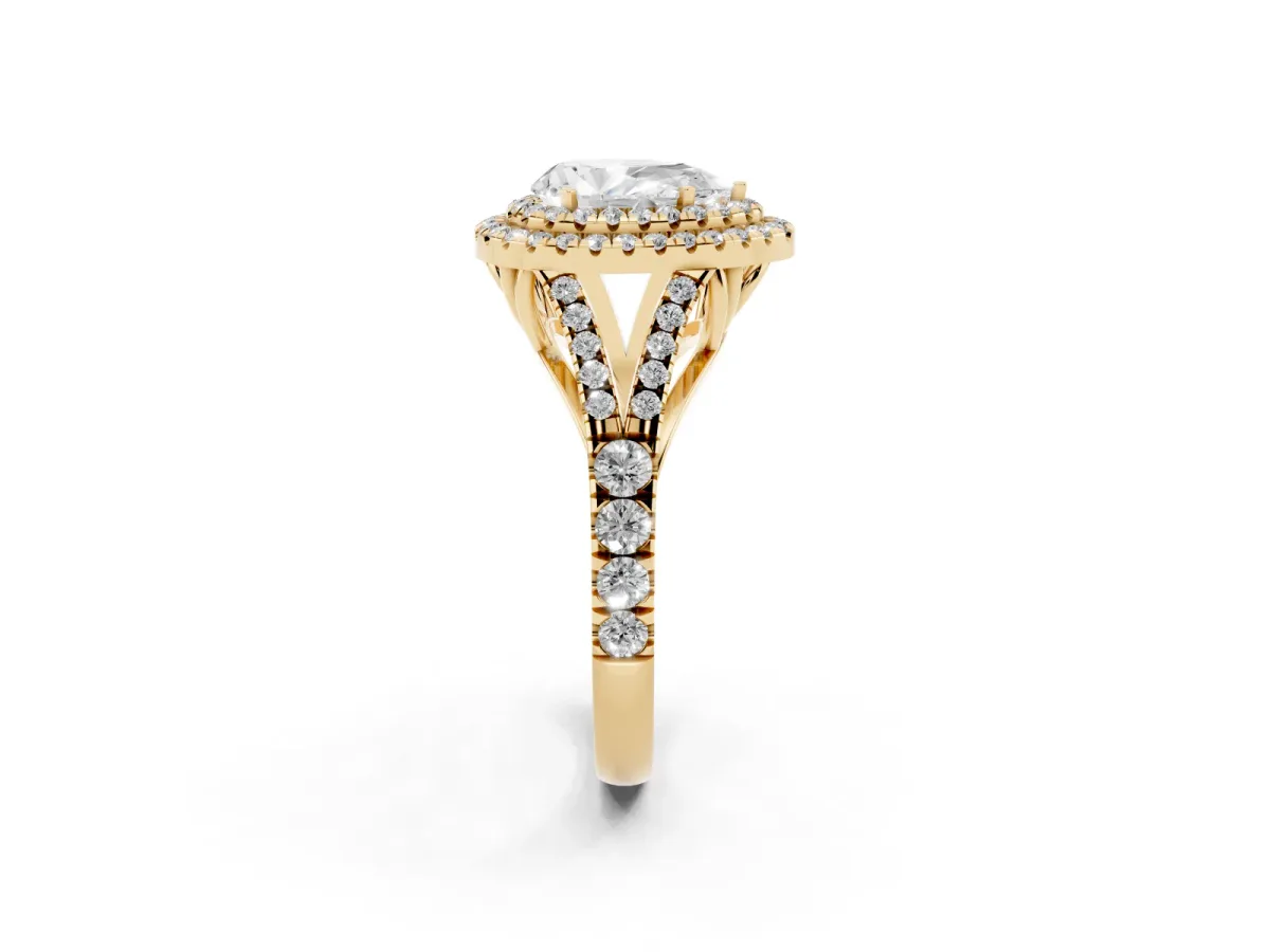 Pear Cut Cut Double Halo Split Shank Diamond Ring with Prong Setting Yellow gold