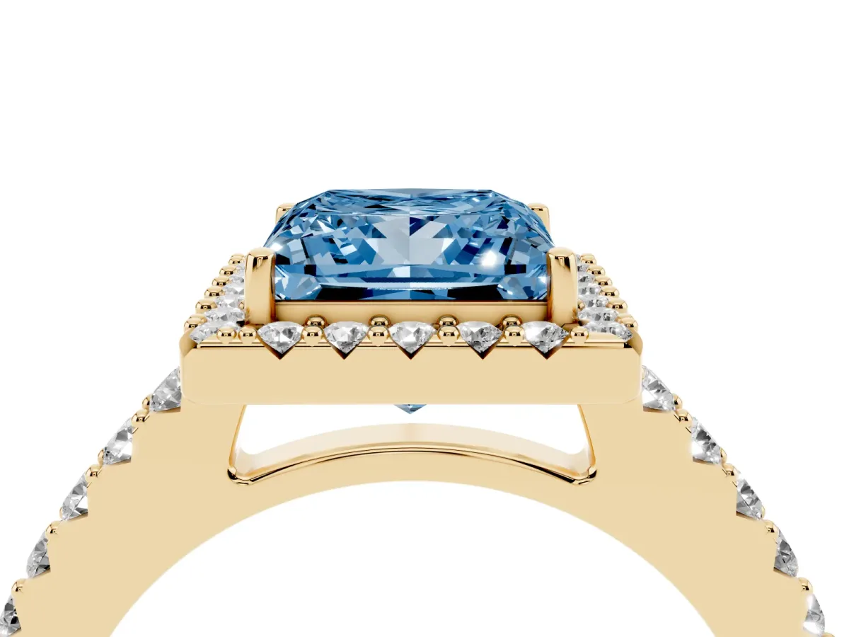 Fancy Blue Princess Cut Halo Diamond Pavé Solitaire Ring Yellow gold