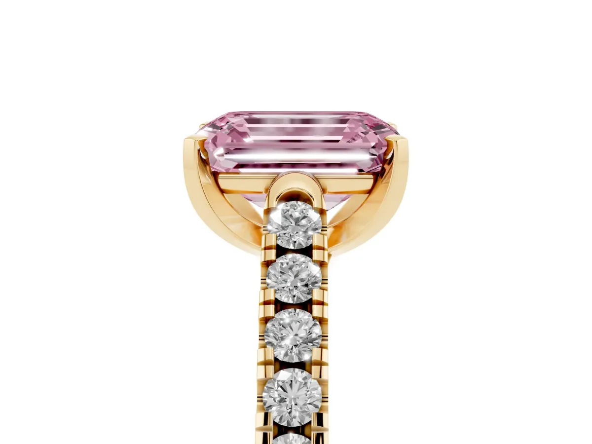 Fancy Pink Emerald Cut Diamond Pavé Band Solitaire Ring with Prong Setting Yellow gold
